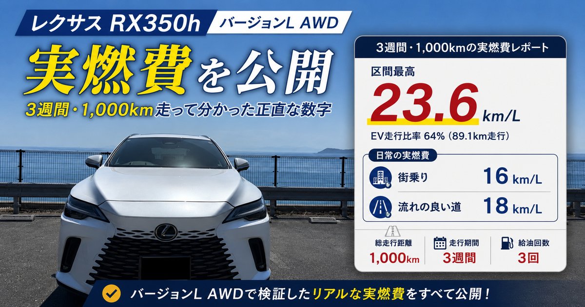 レクサスRX350hバージョンL AWD の実燃費23.6km/L・3週間1000km走行レポート