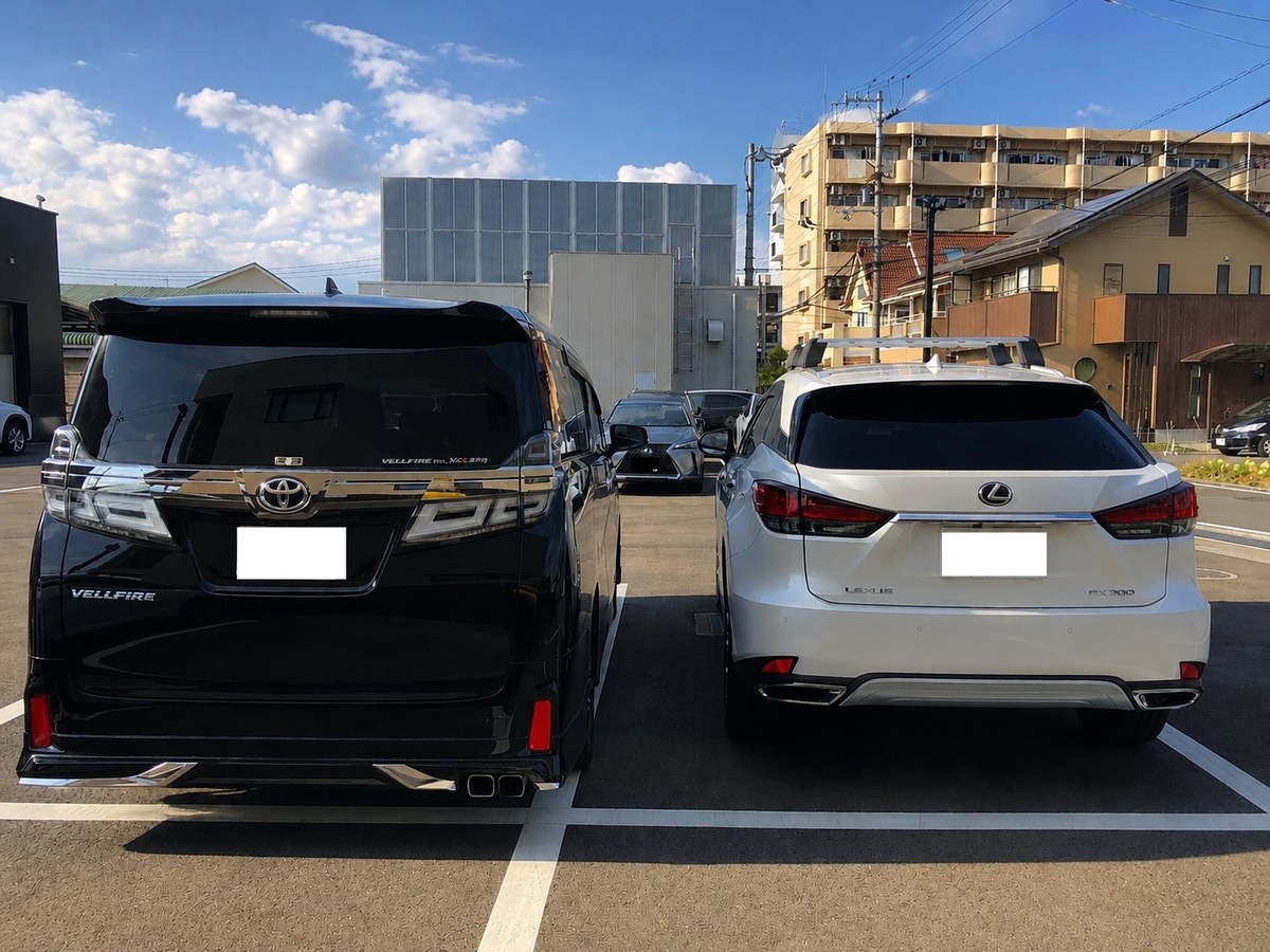 ヴェルファイア30後期 ZG とレクサスRX300バージョンL AWD（ホワイト）の2台並びリアショット｜屋外駐車場・青空背景