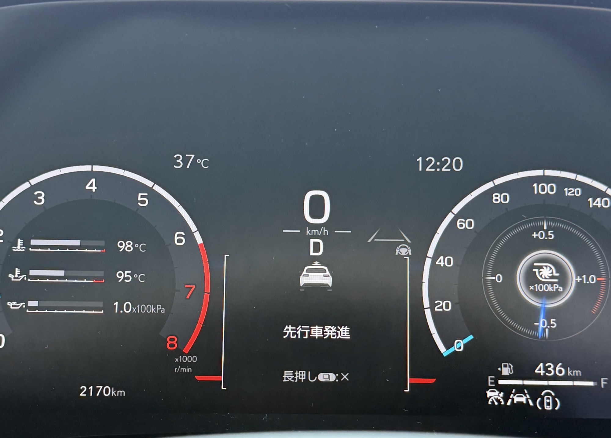 RX350 メーターパネル：走行2,170km・水温98℃・油温95℃・油圧1.0×100kPa