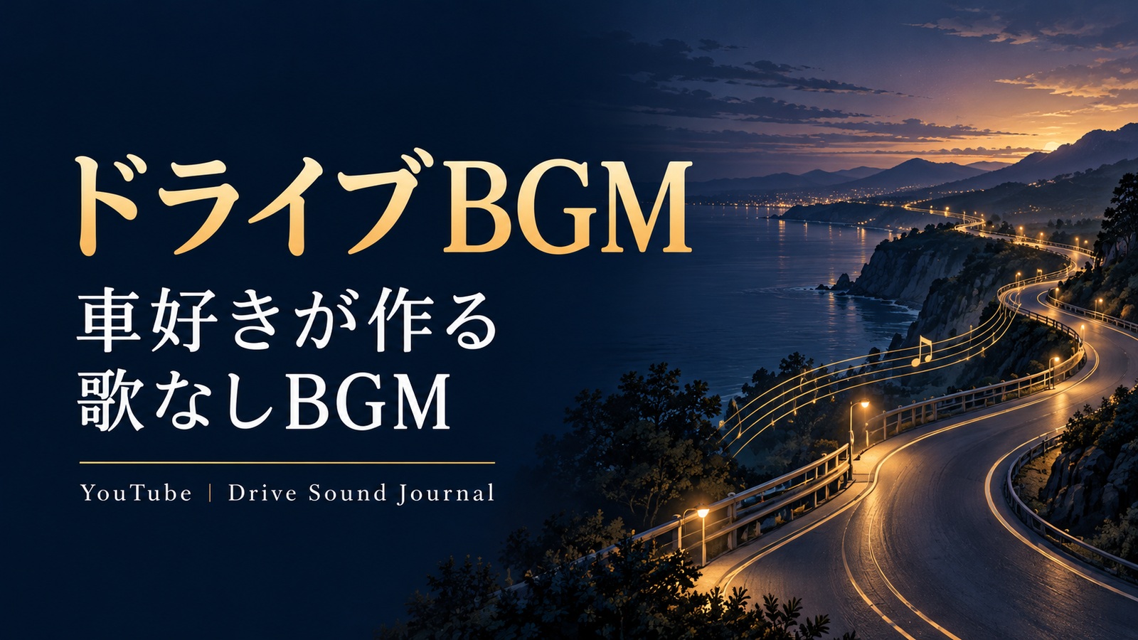 夕暮れの海沿いの道とドライブBGMの文字｜Drive Sound Journal